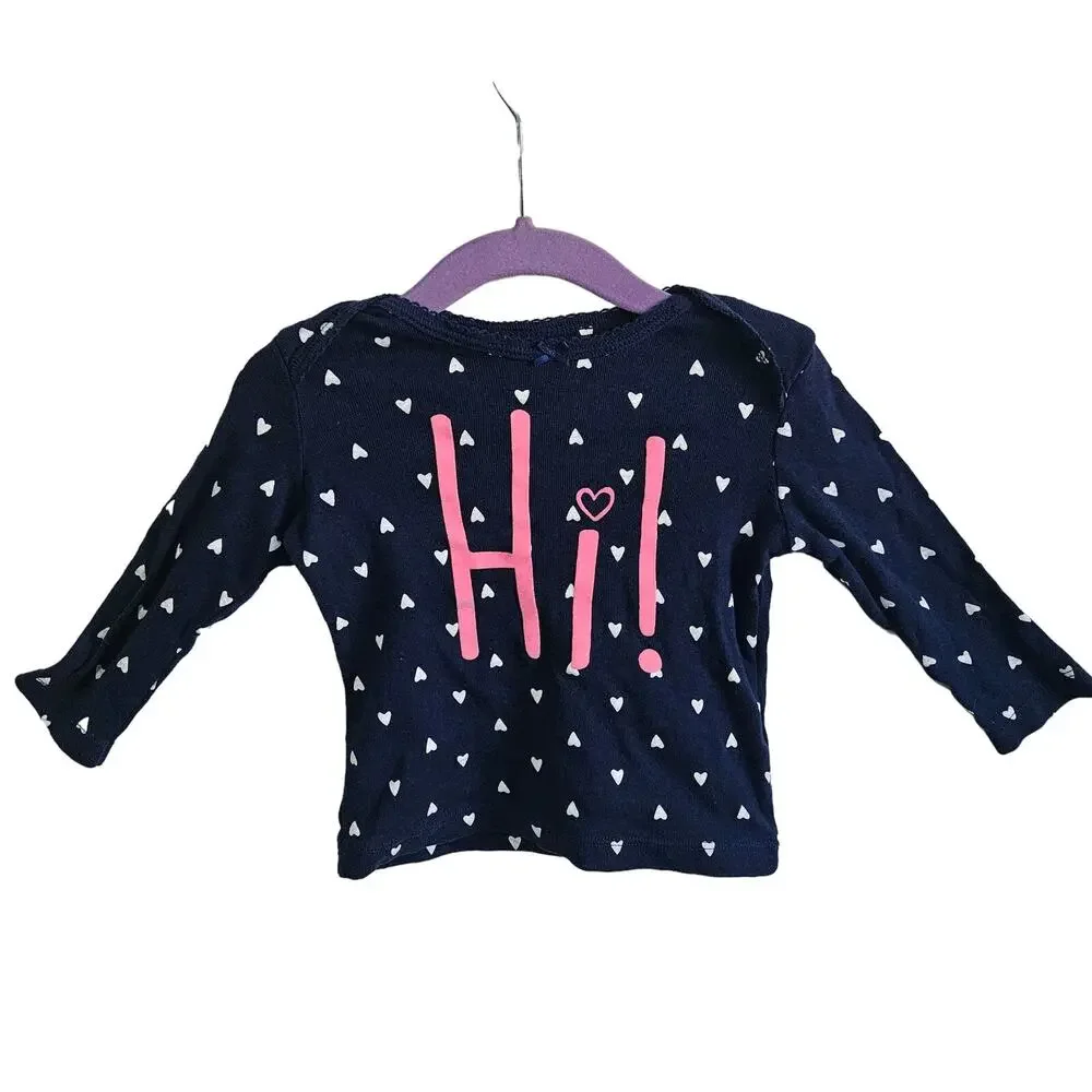 Carters Girls 9M Long Sleeve Shirt Blue White Heart Polka Dot Hi Graphic Preppy
